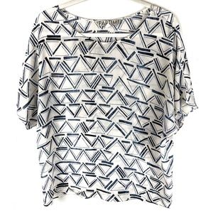 Anthropology Partimi 100 % Silk Top Blue White Geometric Print Blouse Size 6.